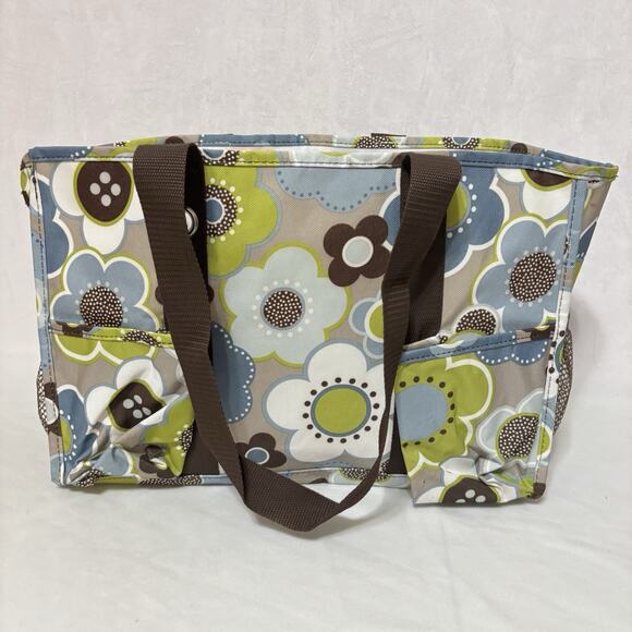Thirty One Organizing Utility Tote Green Brown Floral 15 x 10 x 6 Pockets B - Picture 2 of 5